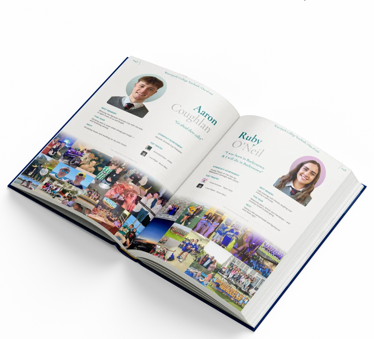 An open AerEthos yearbook showing two designed student pages